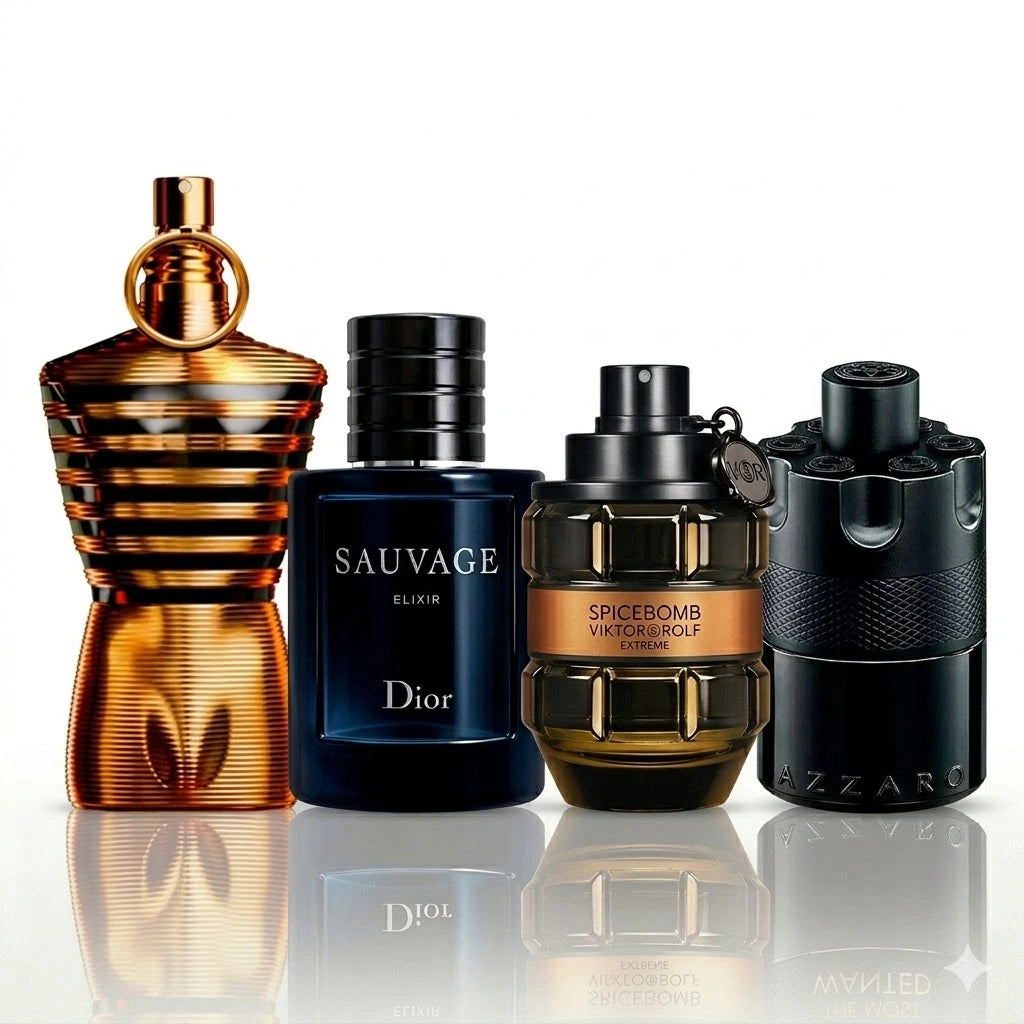 Zestaw 4 perfum | Jean Paul Gaultier Le Male Elixir, Dior Sauvage Elixir, Viktor&Rolf Spicebomb Extreme, Azzaro The Most Wanted