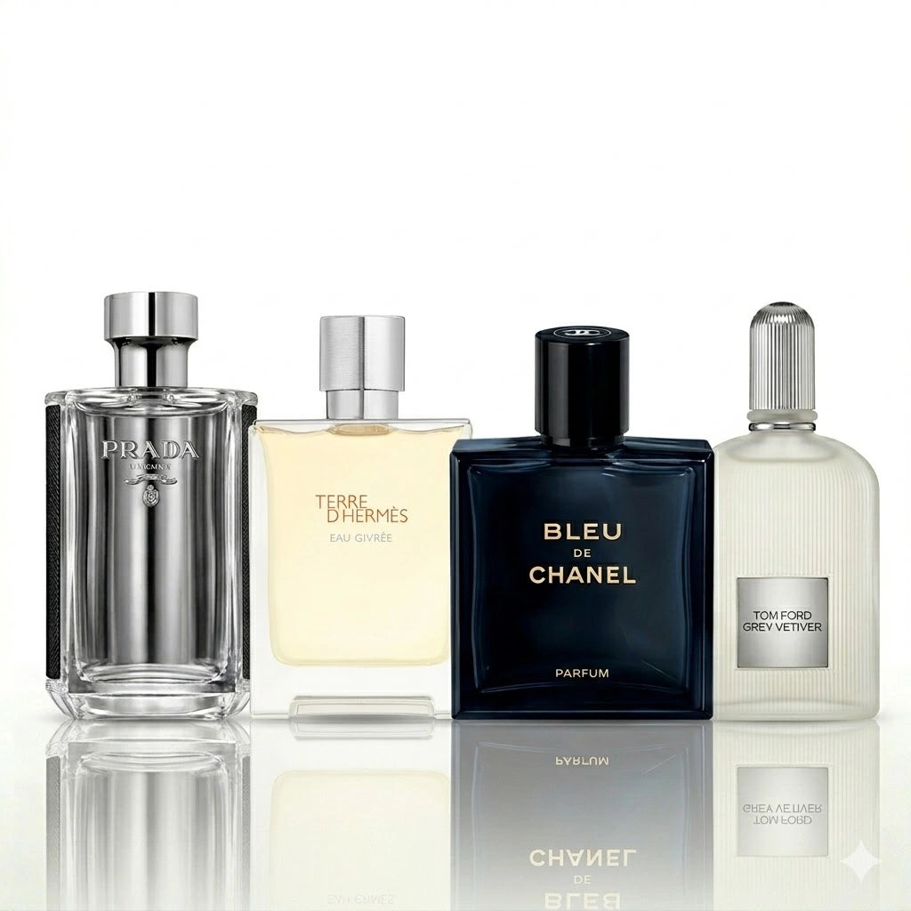 Zestaw 4 perfum | Prada L’Homme, Terre d’Hermès Eau Givrée, Bleu de Chanel Parfum, Tom Ford Grey Vetiver