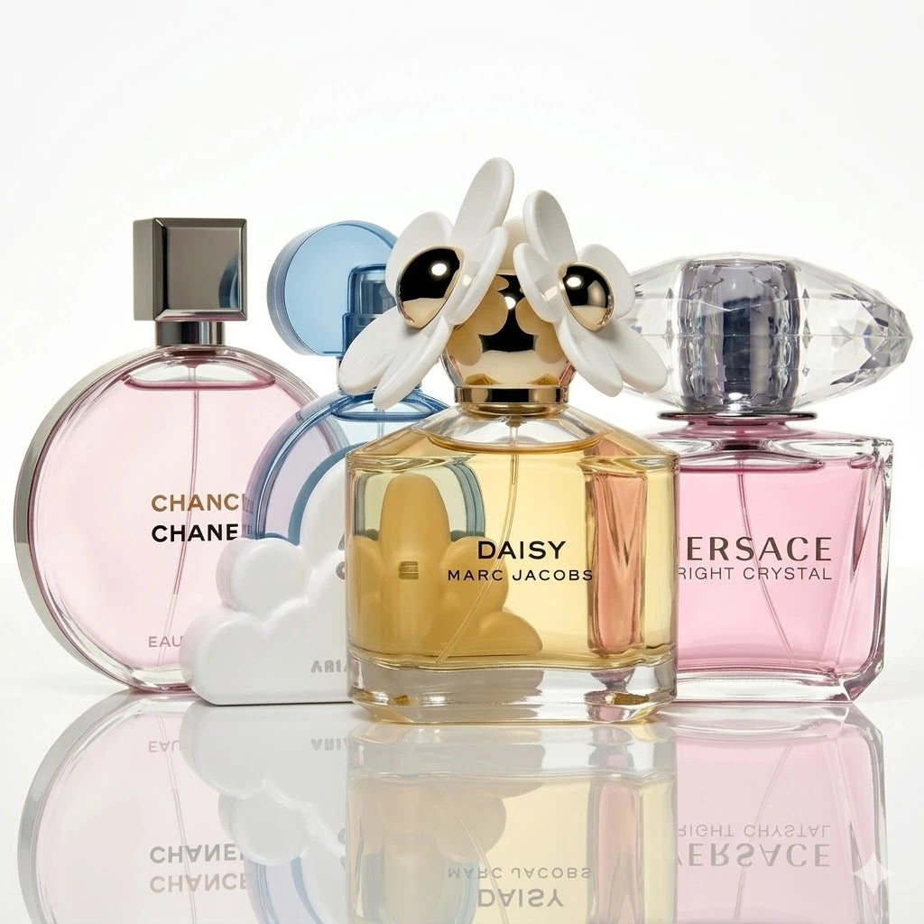 Zestaw 4 perfum | Chanel Chance Eau Tendre, Ariana Grande Cloud, Marc Jacobs Daisy, Versace Bright Crystal.