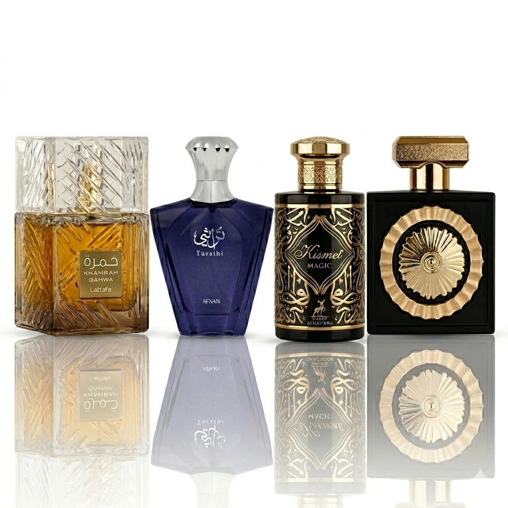 Zestaw 4 perfum | Lattafa Khamrah Qahwa, Afnan Turathi Blue, Maison Alhambra Kismet Magic, Lattafa Nebras