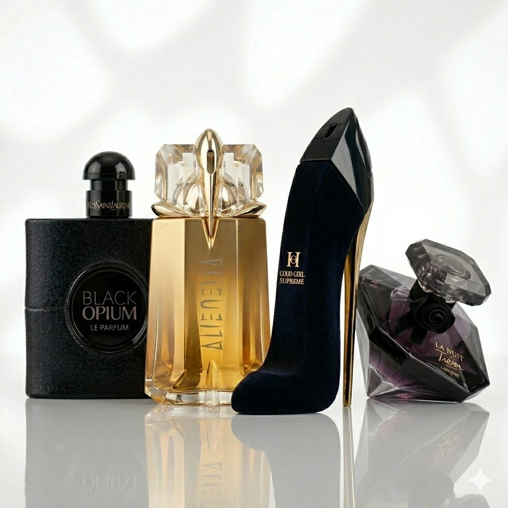 Zestaw 4 perfum | YSL Black Opium Le Parfum, Mugler Alien Goddess, Carolina Herrera Good Girl Supreme, Lancôme La Nuit Trésor