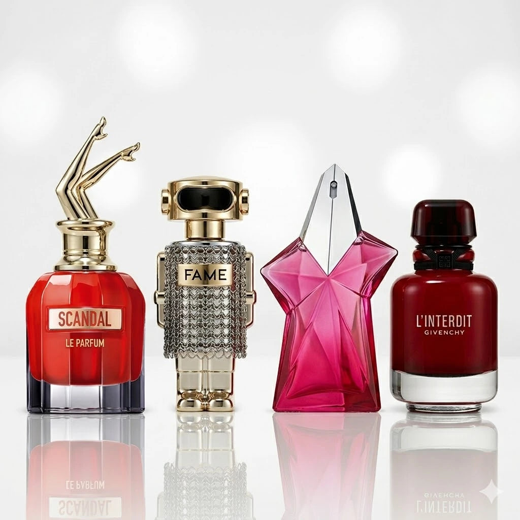 Zestaw 4 perfum | Jean Paul Gaultier Scandal Le Parfum, Paco Rabanne Fame, Mugler Angel Nova, Givenchy L'Interdit Rouge