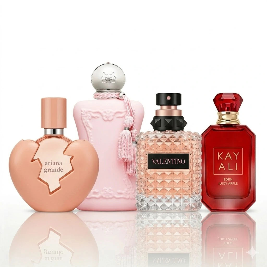 Zestaw 4 perfum | Ariana Grande Thank U Next, Parfums de Marly Delina Exclusif, Valentino Donna Born In Roma e Kayali Eden Juicy Apple.